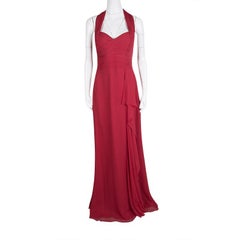 Notte by Marchesa Red Silk Chiffon Halter Evening Gown L