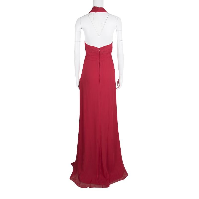 Notte by Marchesa Red Silk Chiffon Halter Evening Gown L In Good Condition In Dubai, Al Qouz 2