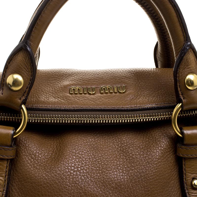 Miu Miu Brown Leather Bow Top Handle Bag In Good Condition In Dubai, Al Qouz 2