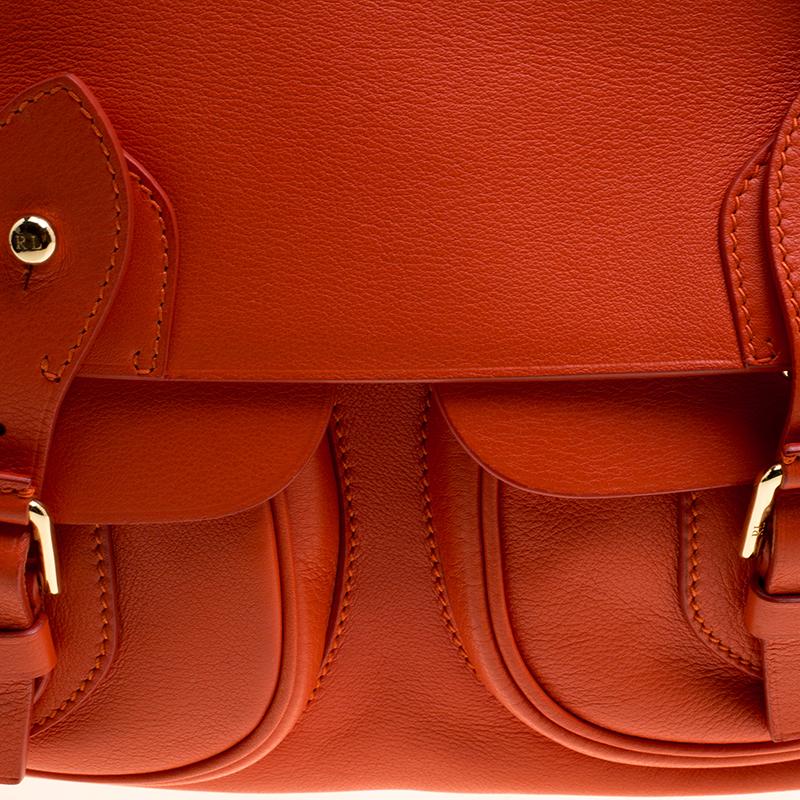Women's Ralph Lauren Red Orange Leather Hunting Messenger Bag