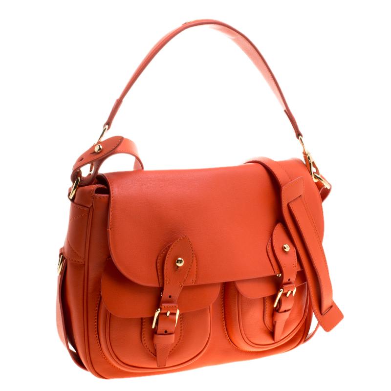 Ralph Lauren Red Orange Leather Hunting Messenger Bag In Excellent Condition In Dubai, Al Qouz 2