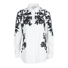 Oscar De La Renta White Stretch Cotton Contrast Lace Applique Detail Shirt M