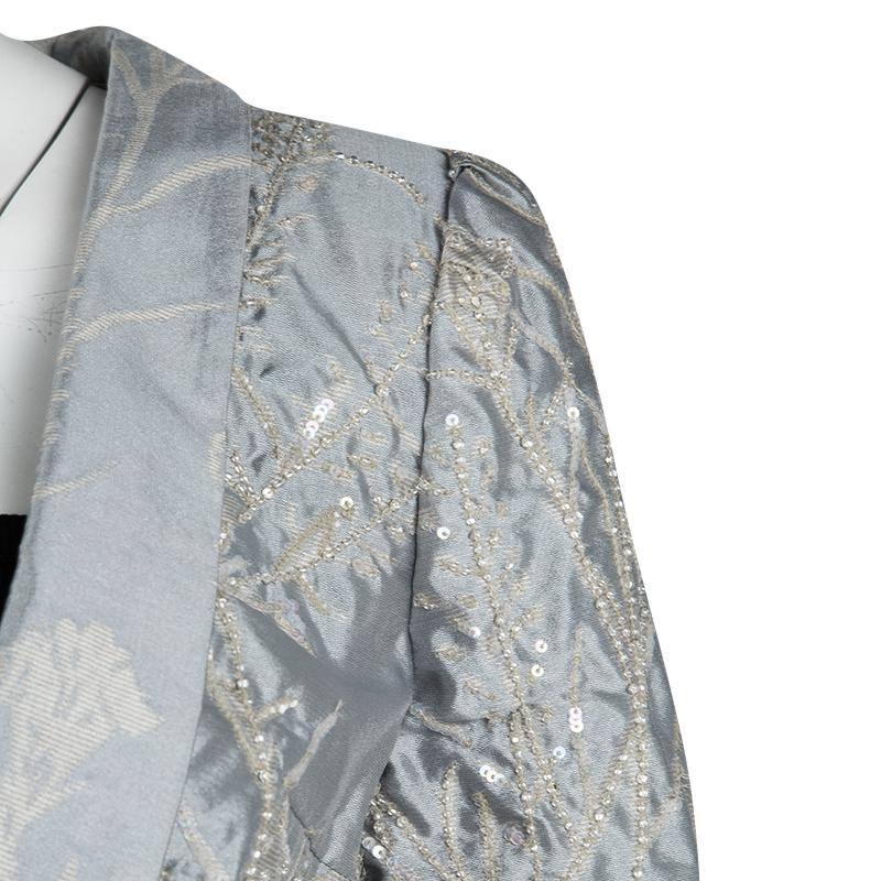 Gray Giorgio Armani Grey Floral Jacquard Silk Embellished Cropped Jacket L