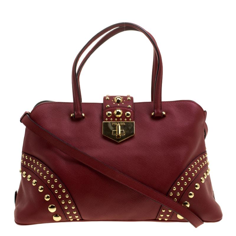 Prada Red Saffiano Cuir Leather Studded Tote
