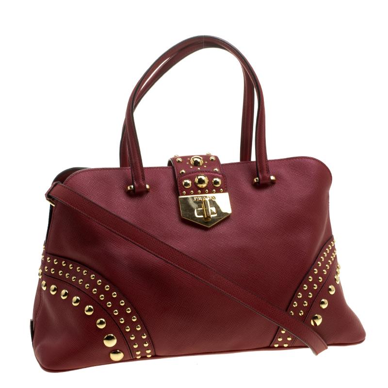 Prada Red Saffiano Cuir Leather Studded Tote 1