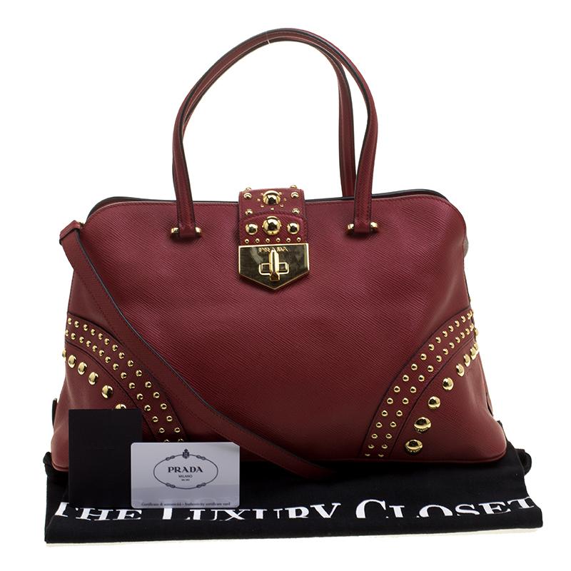 Women's Prada Red Saffiano Cuir Leather Studded Tote