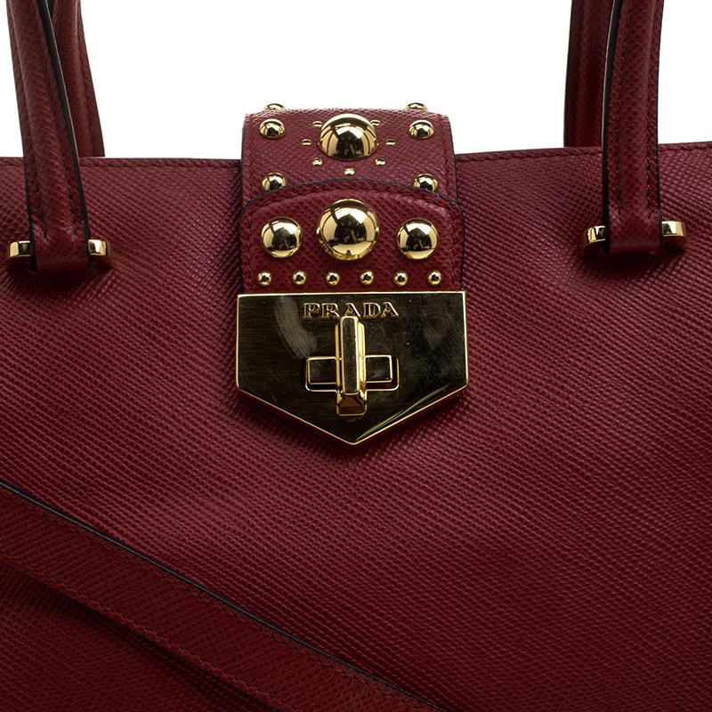 Prada Red Saffiano Cuir Leather Studded Tote 3
