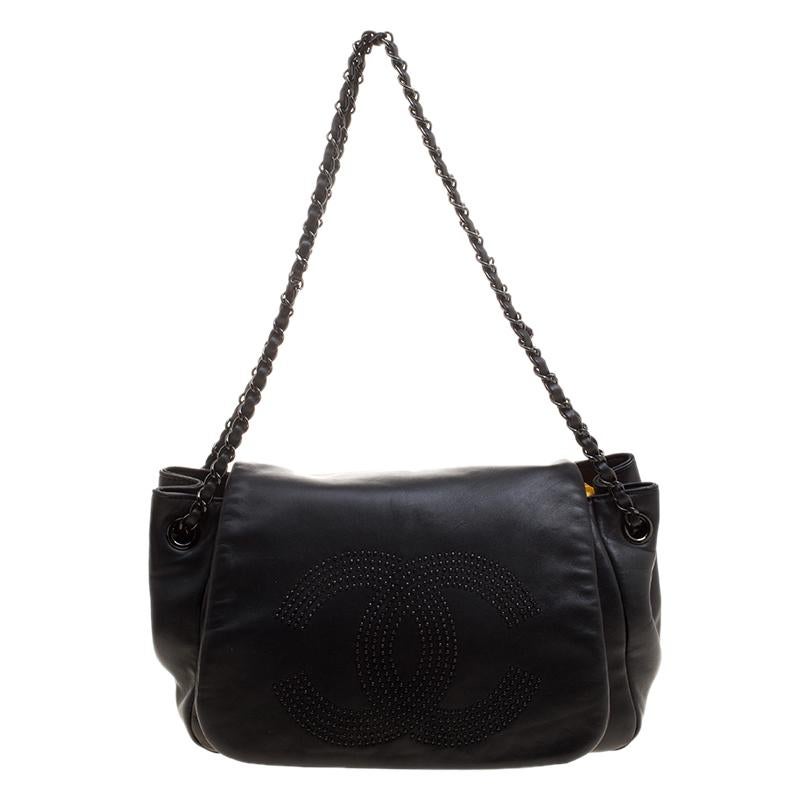 Chanel Black Leather Studded CC Accordion Flap Bag at 1stDibs