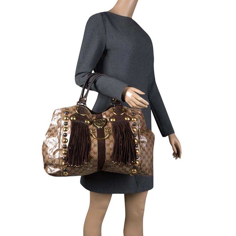 Black Gucci Beige/Ebony GG Crystal Canvas Large Babouska Heart Tote