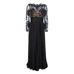 Zuhair Murad Black Lace Embellished Detail Ruched Long Sleeve Gown L