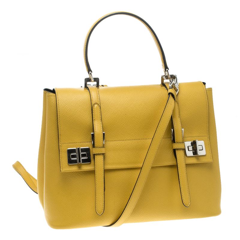 Prada Yellow Saffiano Cuir Leather Double Turn Lock Satchel In Good Condition In Dubai, Al Qouz 2