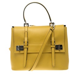 Prada Yellow Saffiano Cuir Leather Double Turn Lock Satchel