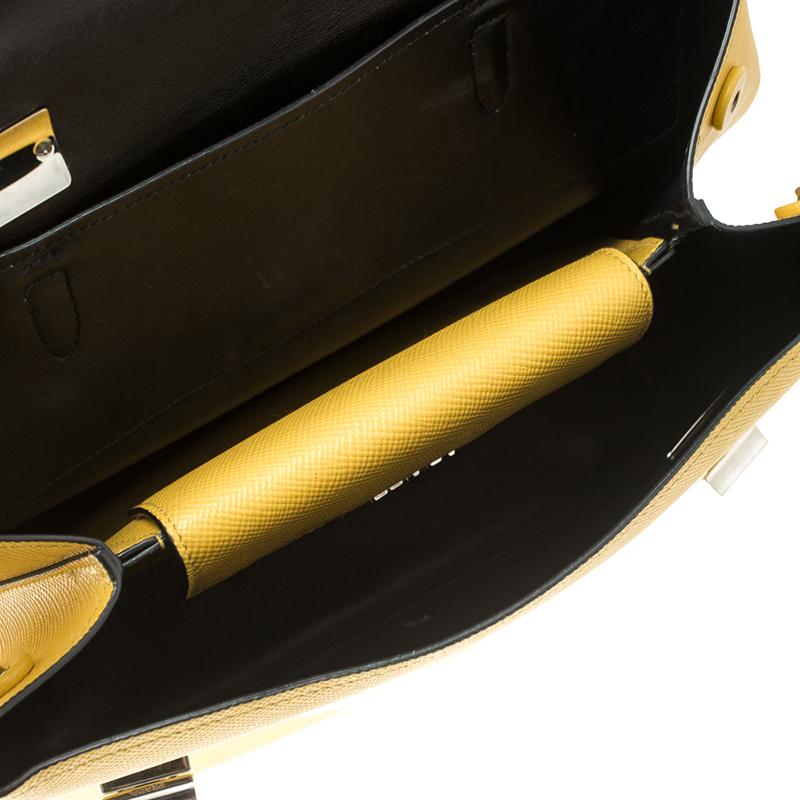 Prada Yellow Saffiano Cuir Leather Double Turn Lock Satchel 4