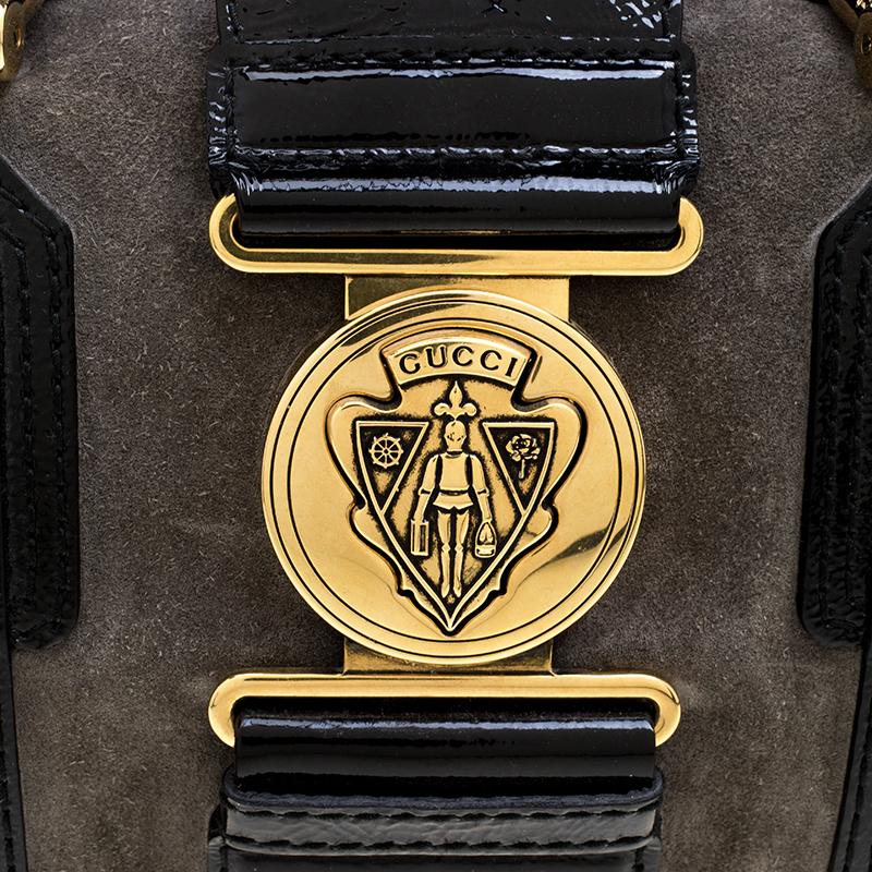 Gucci Black/Khaki Patent Leather and Suede Aviatrix Boston Bag 1