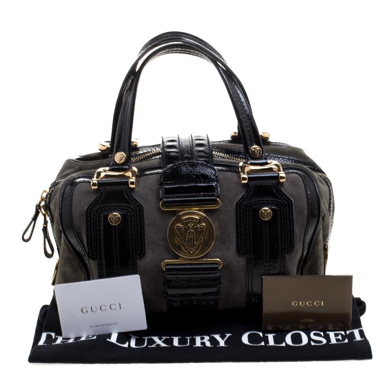 Gucci Black/Khaki Patent Leather and Suede Aviatrix Boston Bag 4