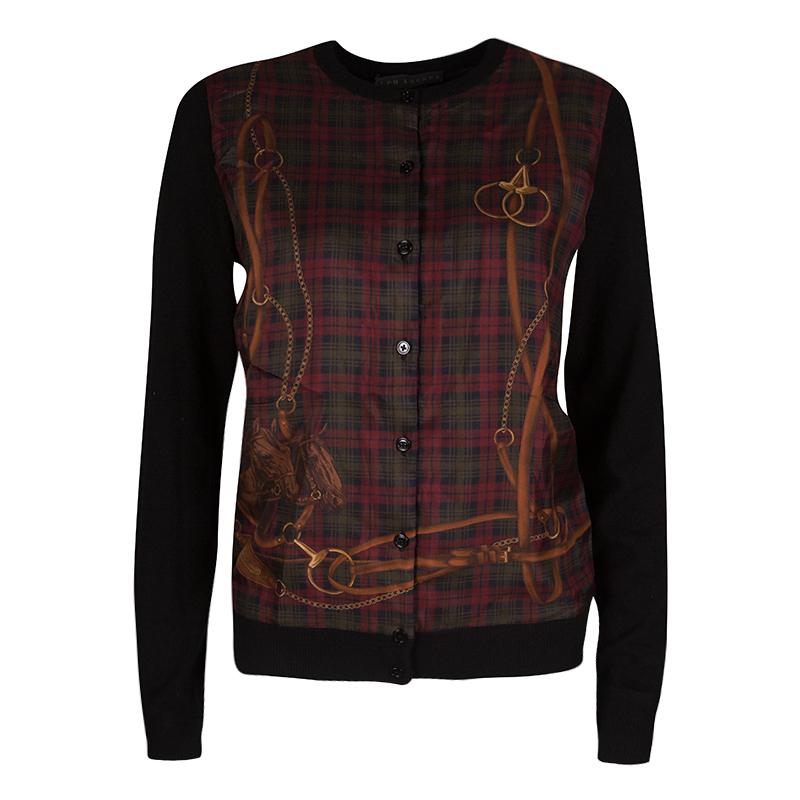 This Ralph Lauren cardigan will be your best companion for the changing seasons. Designed with a luxurious black Cashmere, this cardigan comes with an interesting equestrian and Horse Print Panel and detailed with a buttoned front. Wear yours
