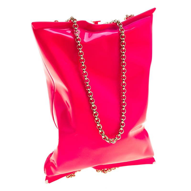 Anya Hindmarch Neon Pink Metallic Crisp Packet Clutch 6