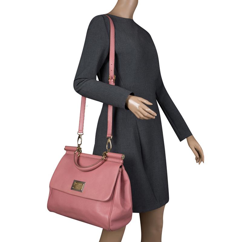 Dolce and Gabbana Pink Leather Large Miss Sicily Tote In Good Condition In Dubai, Al Qouz 2