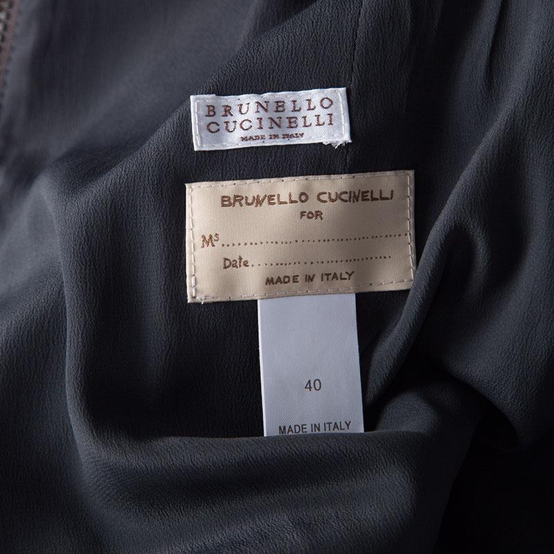 Brunello Cucinelli Brown Leather Embellished Zip Front Bomber Jacket S In Excellent Condition In Dubai, Al Qouz 2