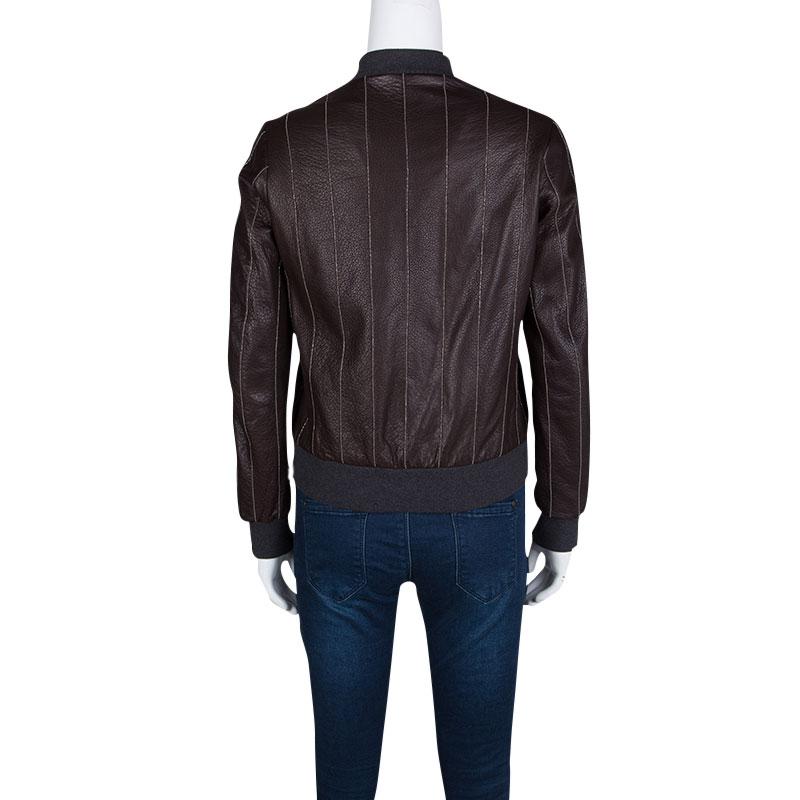 Black Brunello Cucinelli Brown Leather Embellished Zip Front Bomber Jacket S