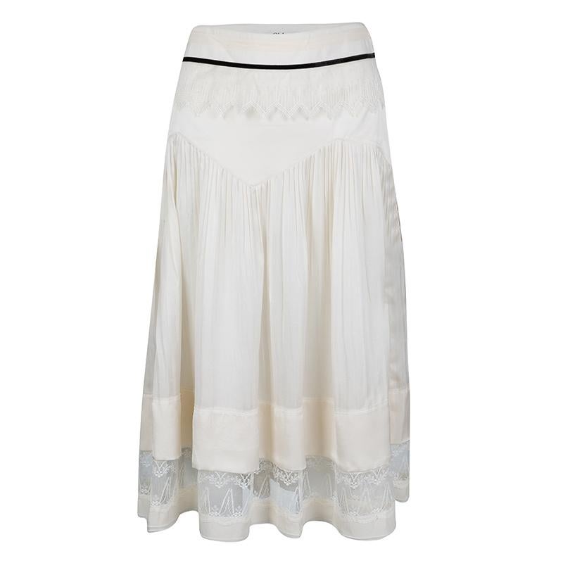 Chloe Cream Lace Insert Pleated Silk Midi Skirt S For Sale at 1stDibs