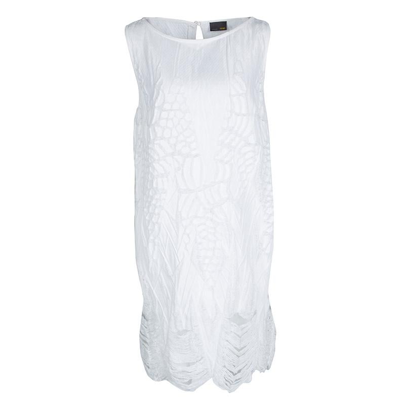 You are sure to love putting this dress on as it is well-designed to suit the mood of summer. This white dress is from Fendi and it carries a sleeveless style with distress effects creating patterns all over and cuts towards the hem.

Includes: The