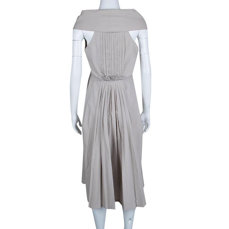 Bottega Veneta Beige Cotton Pintuck Detail Off Shoulder Sleeveless Dress M In Good Condition In Dubai, Al Qouz 2