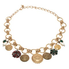 Dolce and Gabbana Flower & Button Motif Gold Tone Link Chain Necklace