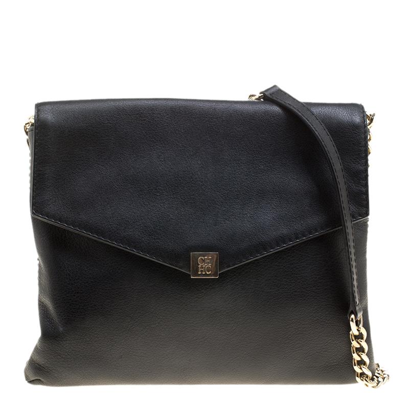 Carolina Herrera Black Leather Envelope Shoulder Bag 5