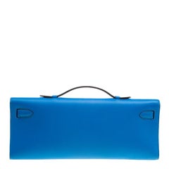 Hermes Blue Izmir Swift Leather Gold Hardware Kelly Cut Clutch