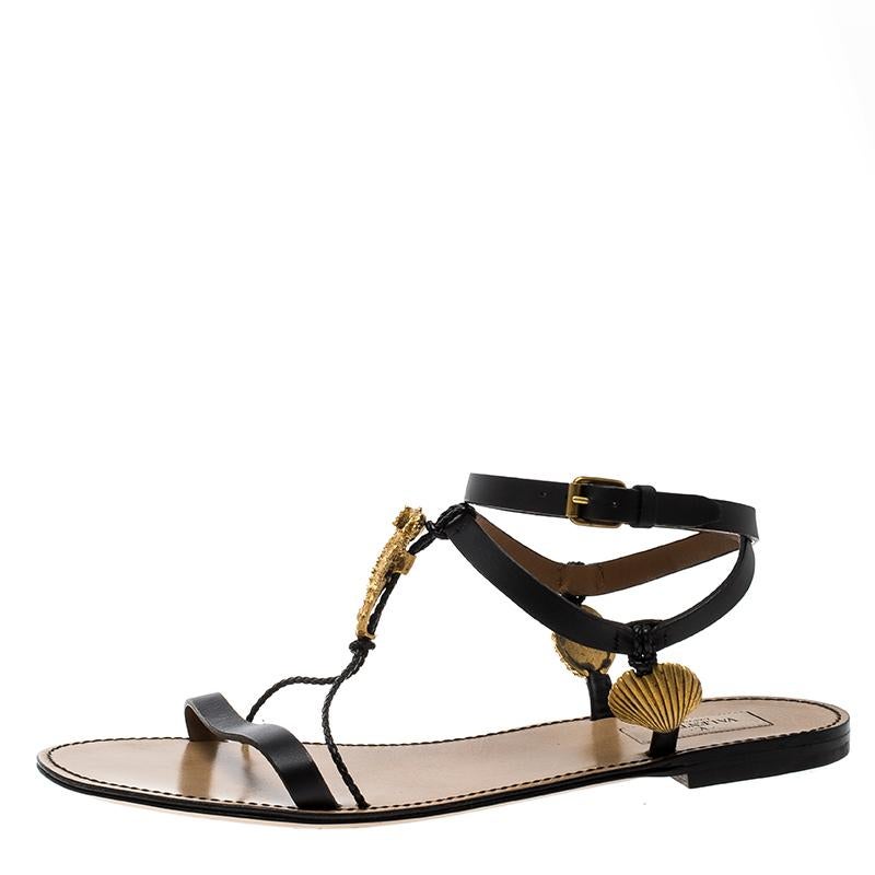 Valentino Black Leather Starfish and Seahorse Flat Sandals Size 40