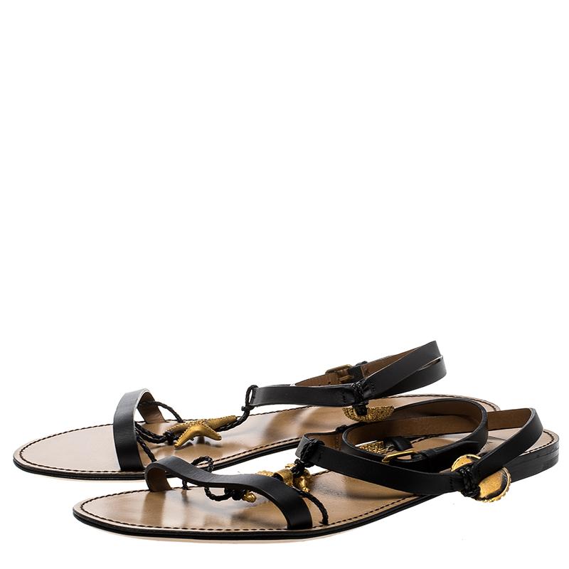 Valentino Black Leather Starfish and Seahorse Flat Sandals Size 40 2