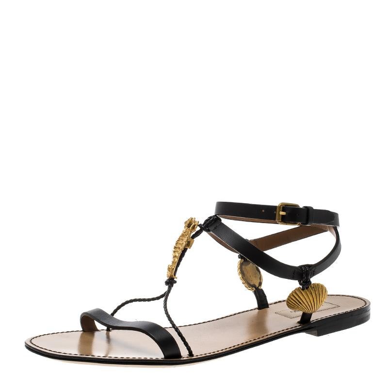 Valentino Black Leather Starfish and Seahorse Flat Sandals Size 40 3