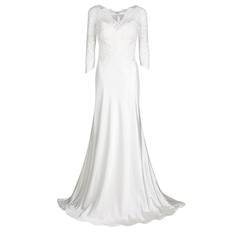Justin Alexander Ivory Venice Lace and Charmeuse Bridal Gown L at 1stDibs