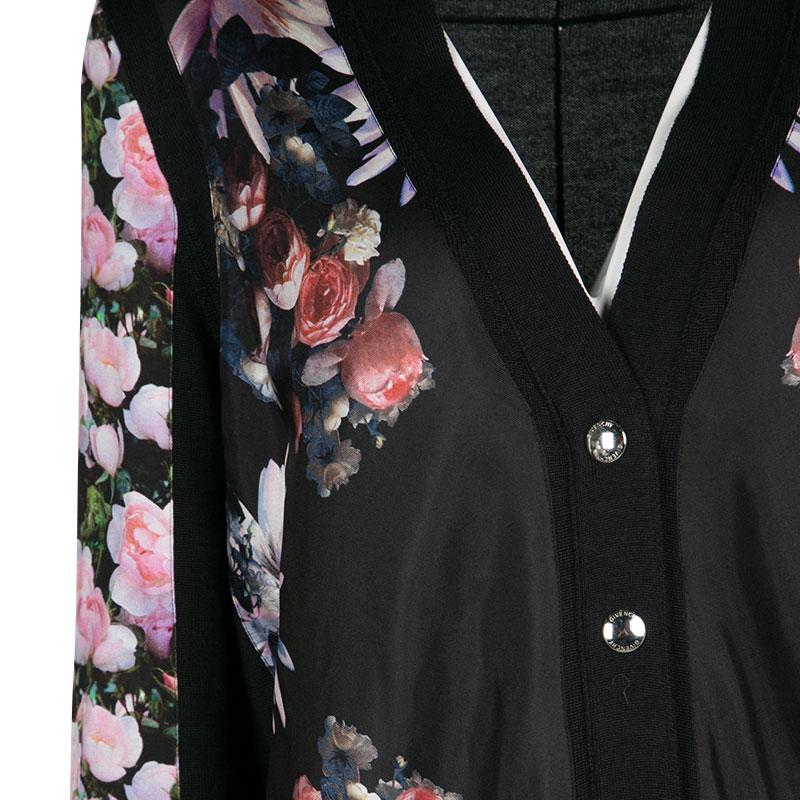 Women's Givenchy Black Silk Cashmere Floral Printed Panel Detail Cardigan M