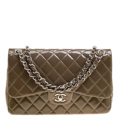 Chanel Khaki Quilted Patent Leather Jumbo Classic Double Flap Bag