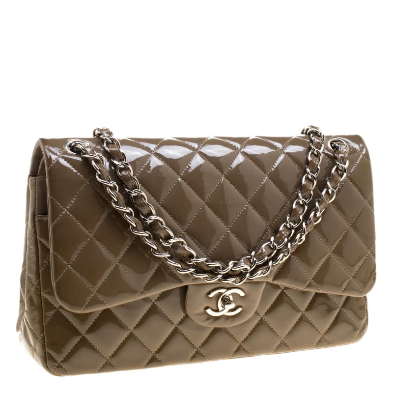 Women's Chanel Khaki Quilted Patent Leather Jumbo Classic Double Flap Bag