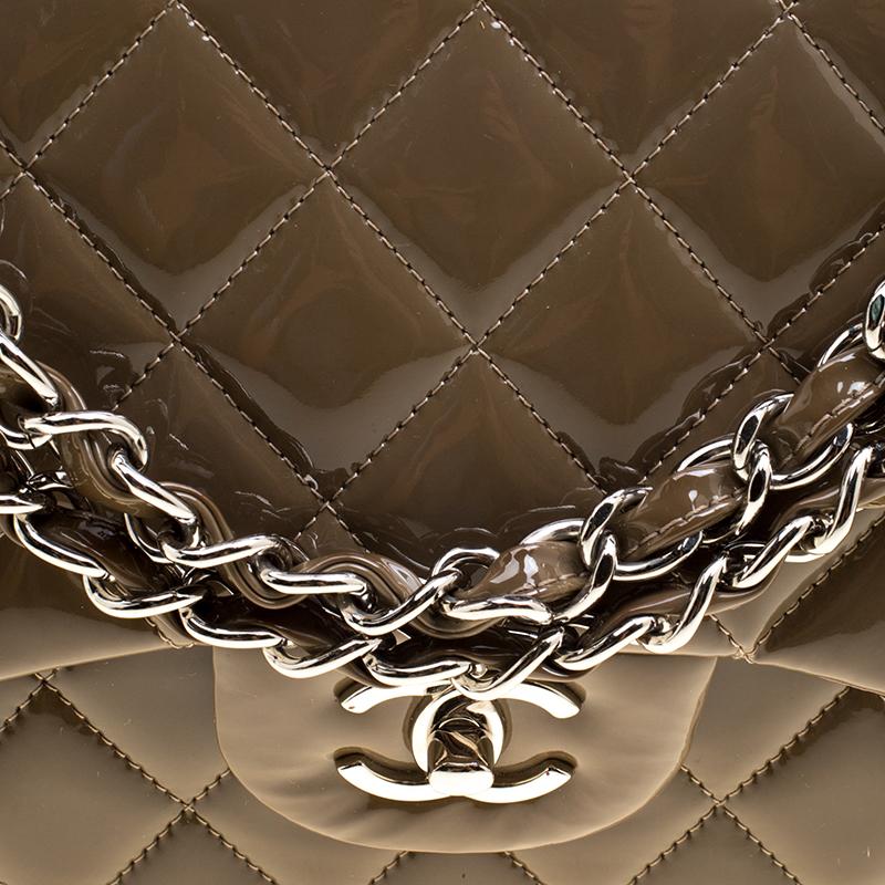 Chanel Khaki Quilted Patent Leather Jumbo Classic Double Flap Bag 3