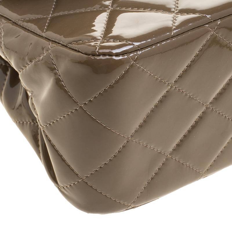 Chanel Khaki Quilted Patent Leather Jumbo Classic Double Flap Bag 6
