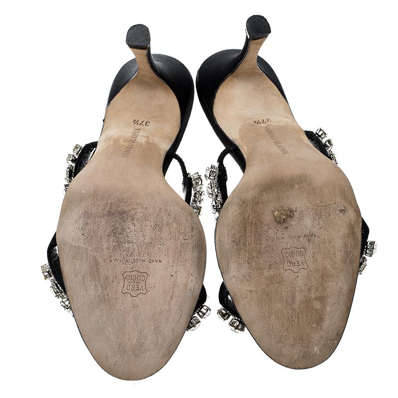 Manolo Blahnik Black Crystal Embellished Sandals Size 37.5 In Good Condition In Dubai, Al Qouz 2