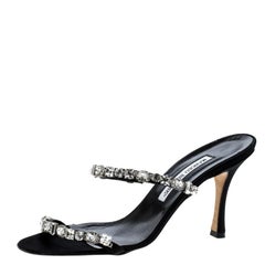 Manolo Blahnik Black Crystal Embellished Sandals Size 37.5