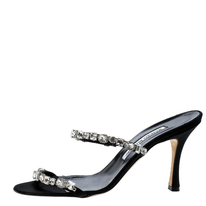 Manolo Blahnik Black Crystal Embellished Sandals Size 37.5 3