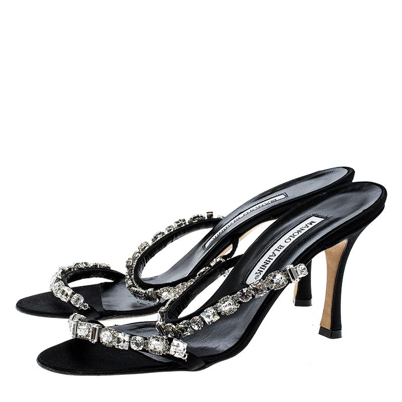 Manolo Blahnik Black Crystal Embellished Sandals Size 37.5 4