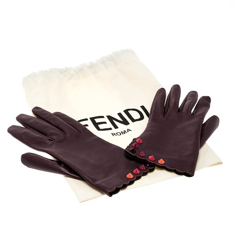 Fendi Burgundy Leather Studded Gloves Size M 1