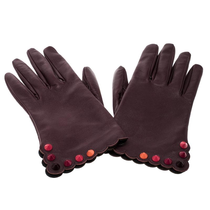 Fendi Burgundy Leather Studded Gloves Size M