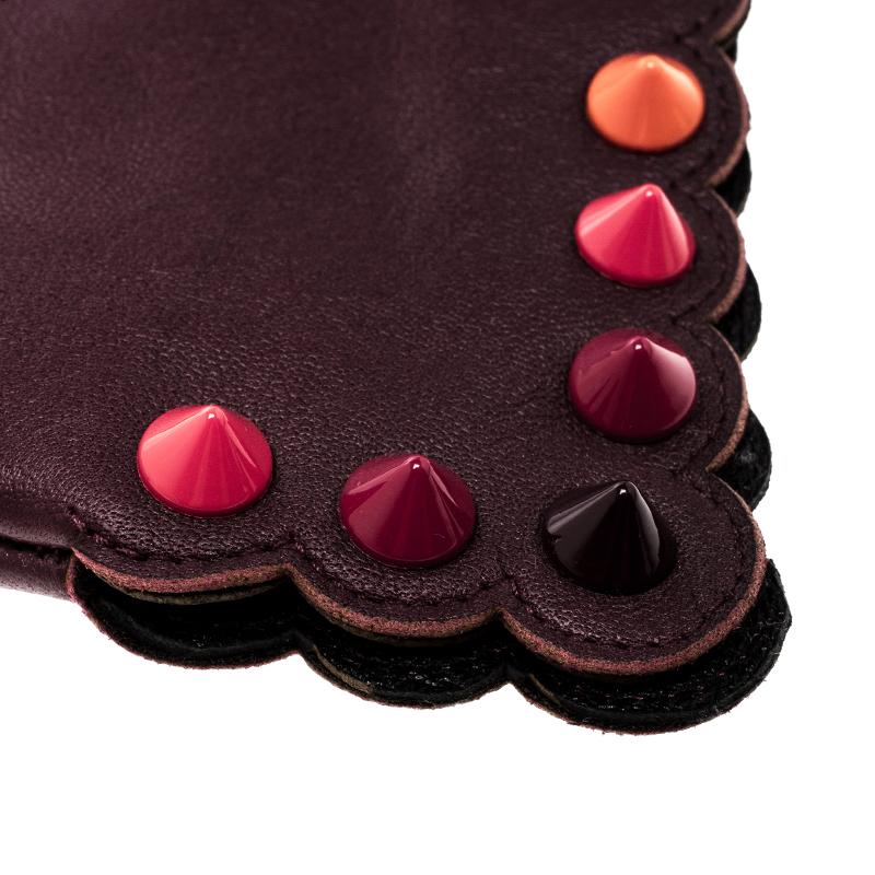 Women's Fendi Burgundy Leather Studded Gloves Size M