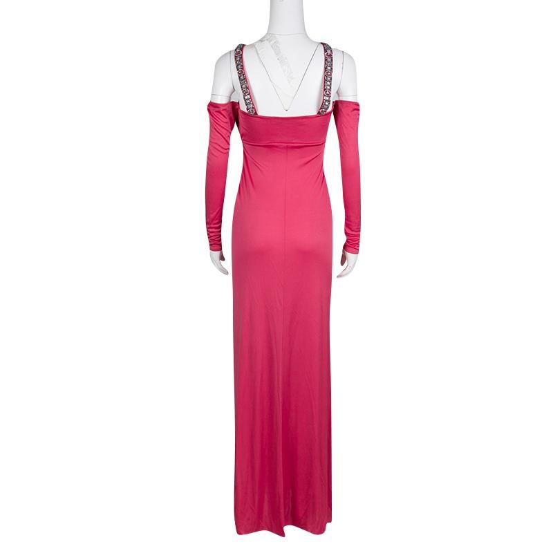 Blumarine Pink Knit Embellished Off Shoulder Maxi Dress M In Good Condition In Dubai, Al Qouz 2