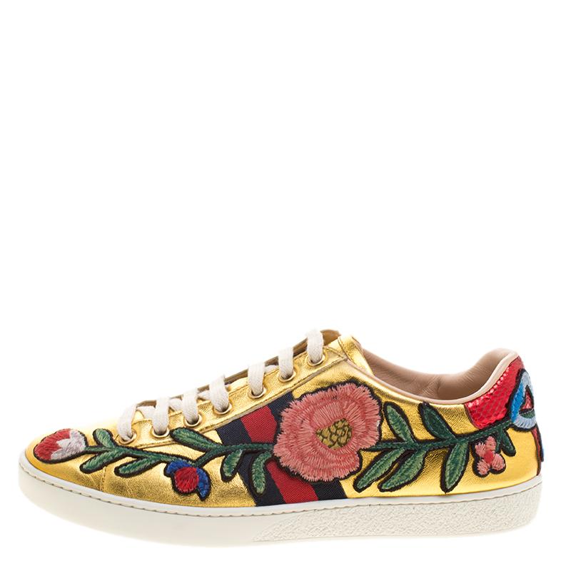 Gucci Gold Leather Ace Embroidered Low Top Sneakers Size 36.5 at ...