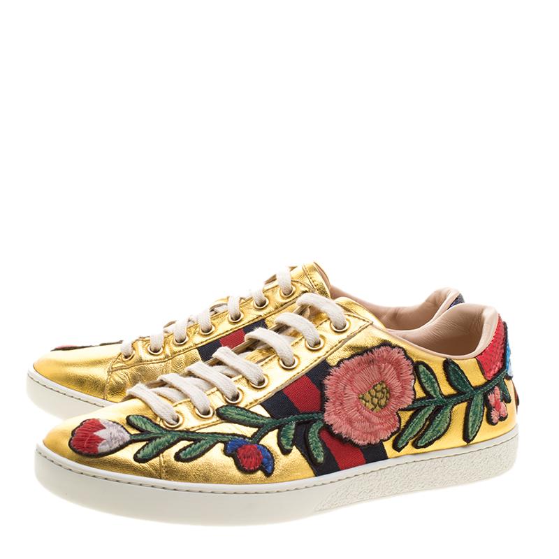 Gucci Gold Leather Ace Embroidered Low Top Sneakers Size 36.5 2