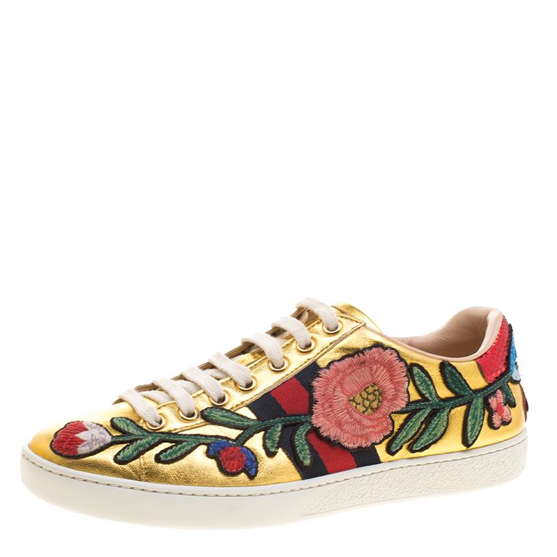 Gucci Gold Leather Ace Embroidered Low Top Sneakers Size 36.5 at ...